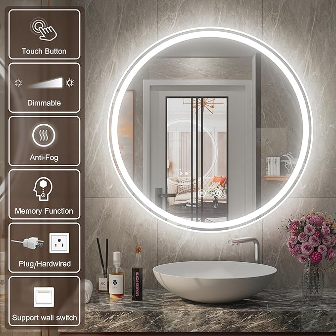 30 Inch LED Round Mirror for Bathroom, Front & Backlit Vanity Round Bathroom Mirror with Lights, Wall Mounted, Dimmable 6000K Daylight, Anti-Fog, CRI 90+
