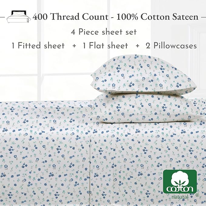 California Design Den Floral Printed Queen Sheet Set - Luxury 400 Thread Count Sateen, Natural 100% Cotton Sheets, Deep Pockets, Cooling and Durable Bedding Set - Blooming Meadows