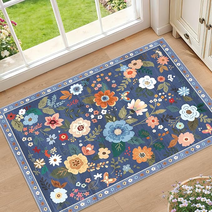 RELEANY Floral Washable 2x3 Area Rugs Doormat Blue/Grey | Flower Carpet Print by RELEANY
