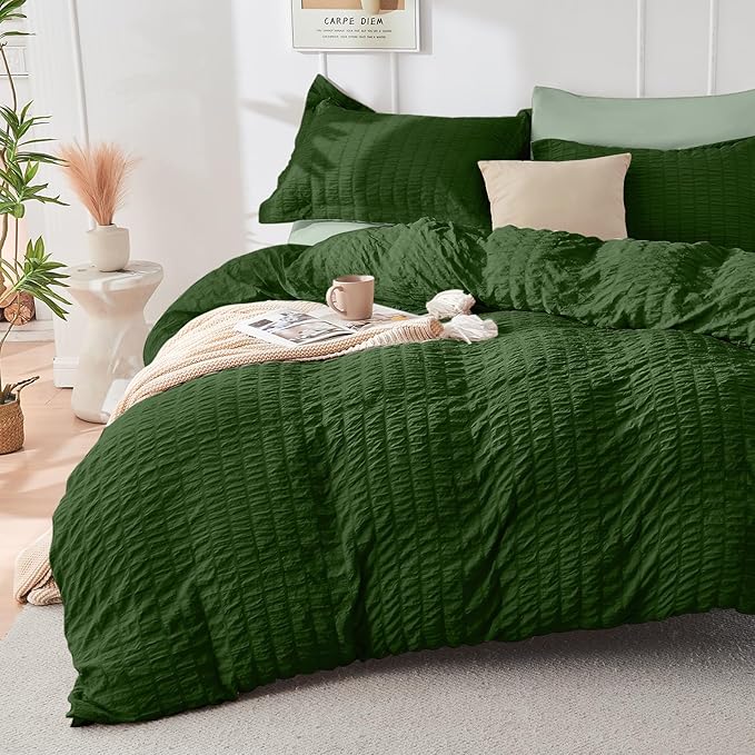 HYMOKEGE Dark Green/Sage Green Full Size Comforter Sets Seersucker 7 Pieces, All Season Luxury Bed in a Bag for Bedroom, Bedding Set with Comforter, Sheets, Pillowcases & Shams