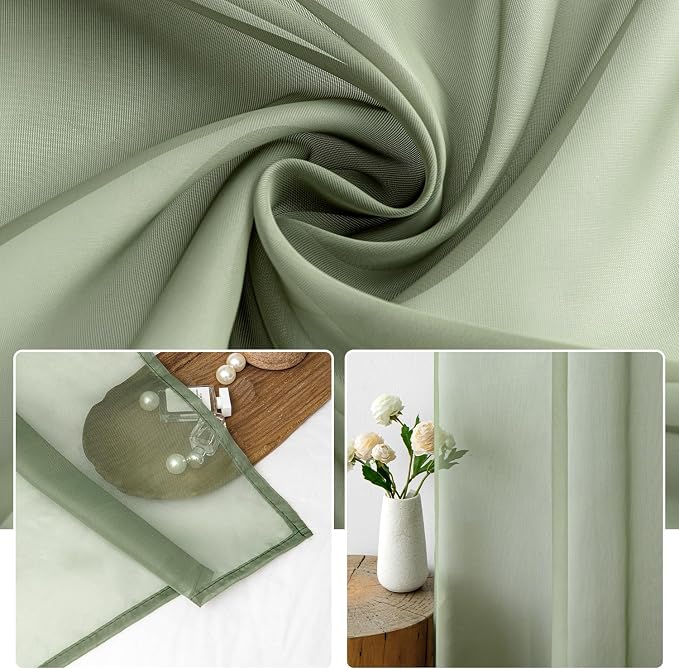 MIULEE Sage Green Sheer Curtains 54 X 63 Inches, 2 Panels | Elegant Window - Image 3