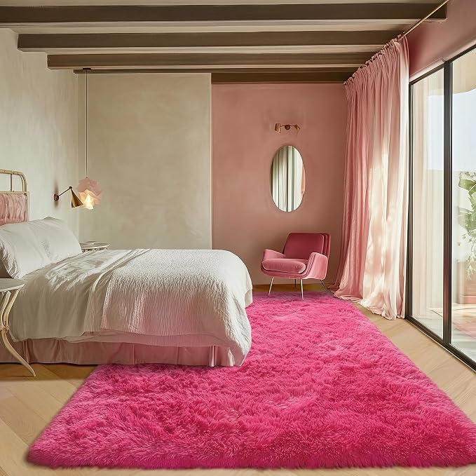 Hot Pink Rugs for Living Room Bedroom, Fluffy 5x8 Bedside Area Rug, Soft Plush - Image 5