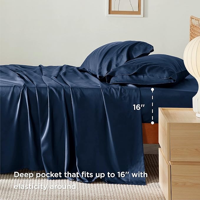 Bedsure King Size Sheets Set, Cooling Sheets for Hot Sleepers, Rayon Derived from Bamboo, Breathable & Soft, Deep Pocket Up to 16 Inches, Hotel Luxury Silky Bedding, Navy