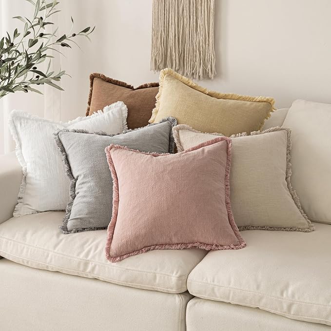 MIULEE Boho Linen Fringe Decorative Throw Pillow Covers White 20x20 | Set of 2 - Image 6