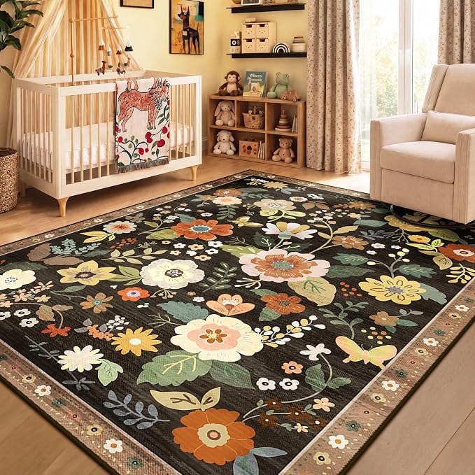 RELEANY Floral Washable 9x12 Area Rugs Black/Yellow | Flower Carpet Print Boho - Image 8