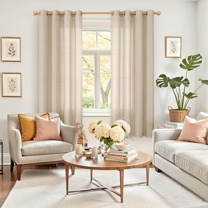 YoungsTex Tan Linen Semi Sheer Curtains 63 Inch Length - Image 2