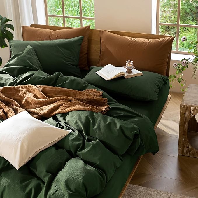 MooMee Bedding Duvet Cover Set 100% Washed Cotton Linen Like Textured Breathable Durable Soft Comfy (Solid Forest Green, Full 80"x90")