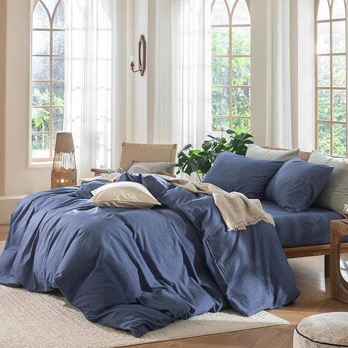 MooMee Bedding Duvet Cover Set 100% Washed Cotton Linen Like Textured Breathable Durable Soft Comfy (Heathered Blue, Queen 90"x90")