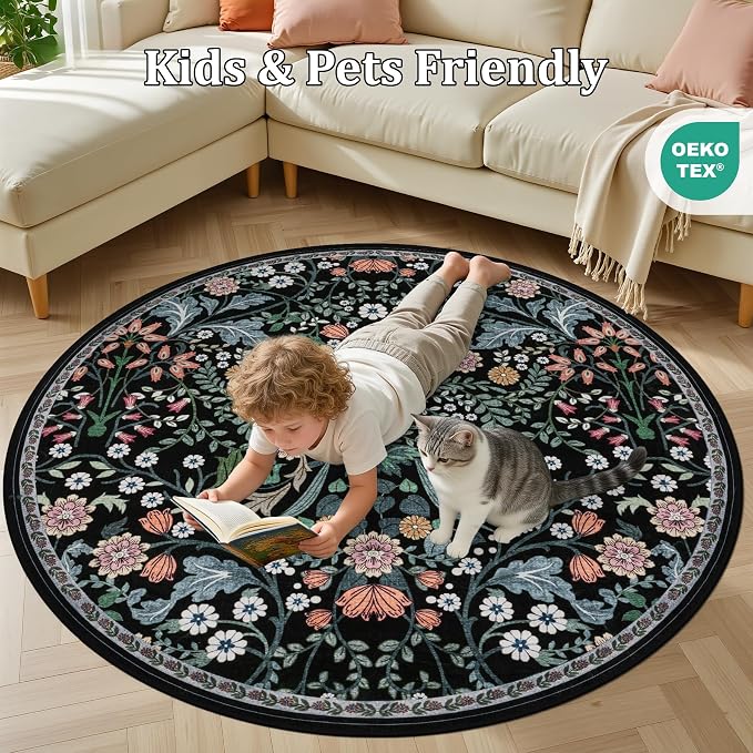PLHXFR Round Area Rug Living Room: 6 ft Floral Washable Carpet Dark Black | - Image 8