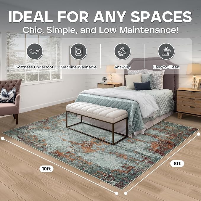 8x10 Area Rugs for Living Room Bedroom Dining Room Washable Red Brown | Soft - Image 2