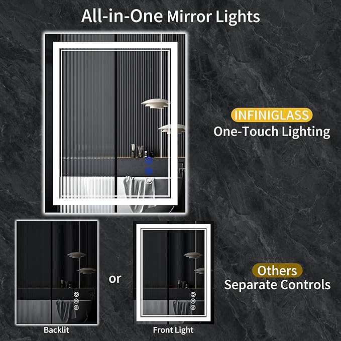 30"x24" LED Bathroom Mirror with Anti-Fog, Stepless Dimmable Lights, 3 Color Modes, Shatter-Proof Tempered Glass, Memory Function & Waterproof Design