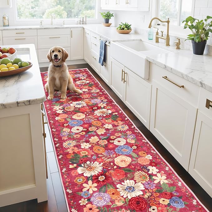 Red Floral Hallway Runner Rug 2x10 by WelcometoBabovid