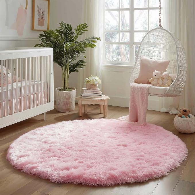 Amdrebio Pink Large Furry Round Rug 6Ft - Image 7