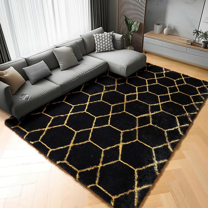 Area Rugs for Living Room, 5x8 Fluffy Black and Gold Bedroom Geometric Rug | - Image 5