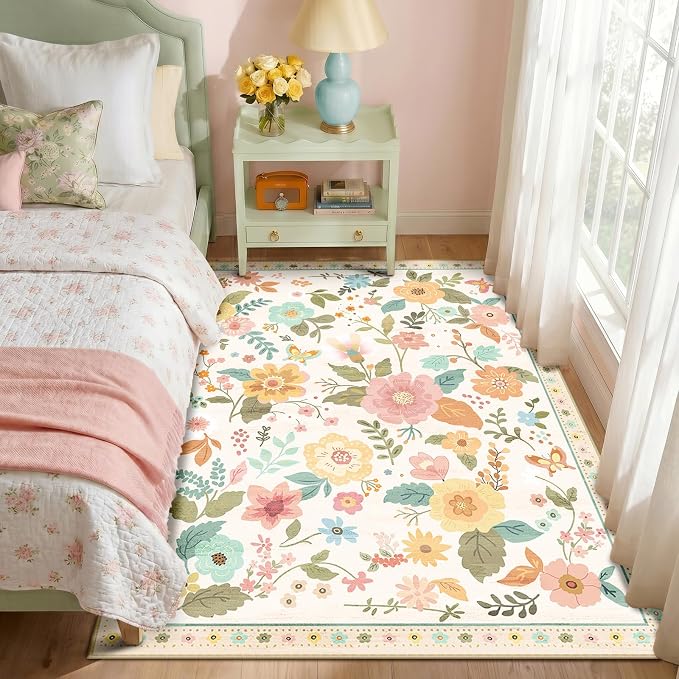 RELEANY Floral Washable 3x5 Area Rugs Beige/White/Orange | Flower Carpet Print - Image 6