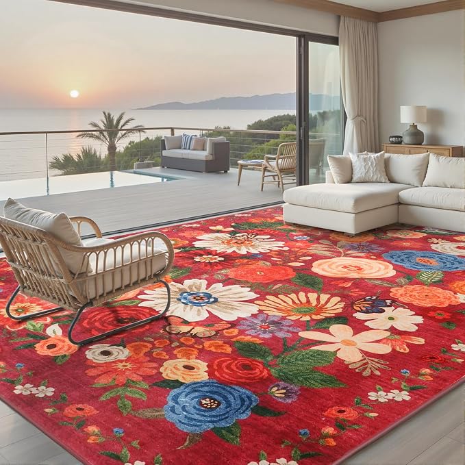 Area Rugs 10x14 for Living Room, Non Slip Machine Washable Floral Rugs | Low by WelcometoBabovid