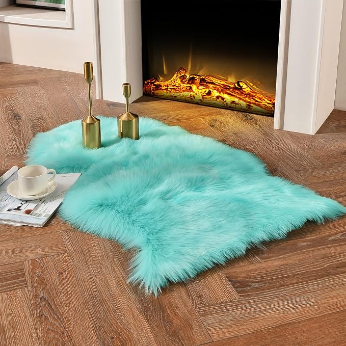 duduta Turquoise Blue Sheepskin Rug 2x3 ft, Small Faux Fur Chair Covers | Shag by duduta