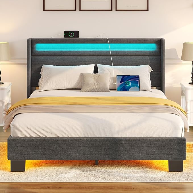 Rolanstar Bed Frame Queen Size with LED Lights and Charging Station, Upholstered Bed with Motion Activated Night Light and Wood Slats, Dark Grey