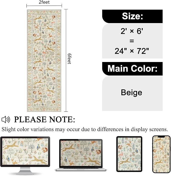 DUKINO 2x6 Runner Rug, Washable Animal Kitchen Rugs Non Slip, Low Pile - Image 2