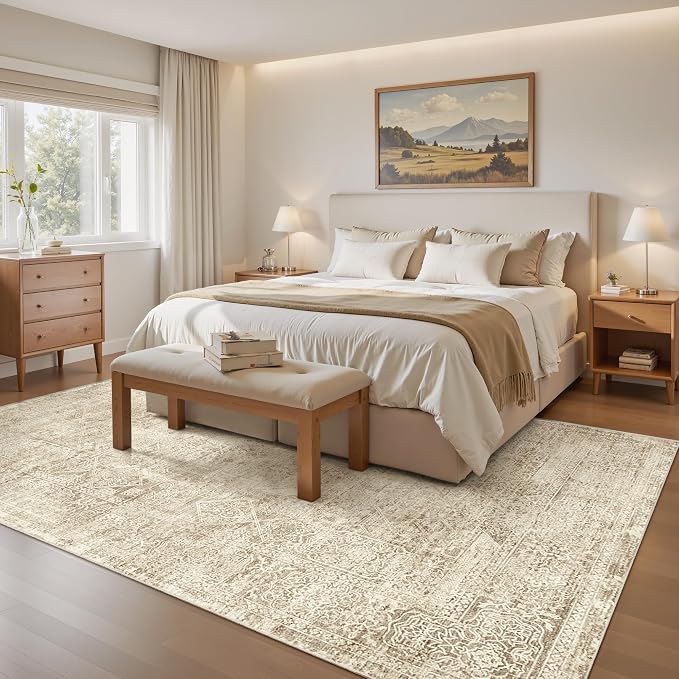 Soalmost 5x7 Area Rugs Light Brown Washable Trendy Faded Style Floral Rugs | - Image 3