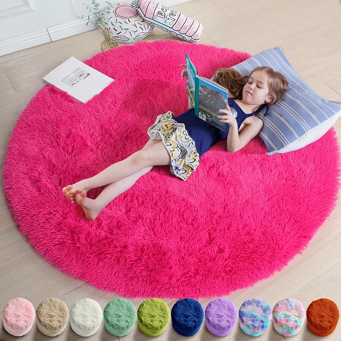 Amdrebio Hot Pink Shaggy Small Round Rug 3Ft by Amdrebio