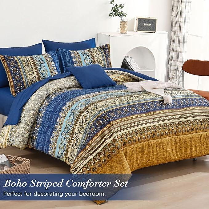 Cottolester Boho Comforter Set California King Size 8 Pieces,Brown Blue Bohemian Comforter Paisley Striped Bed in A Bag,Soft Microfiber Bedding Set for All Season