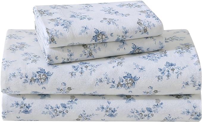 Laura Ashley - Flannel Sheets King Size, Anti-Pilling & Wrinkle Resistant Cotton, Touchably Soft for All-Season Comfort - Bed Sheets with Matching Pillowcases & Fitted Sheet (Audrey Blue)