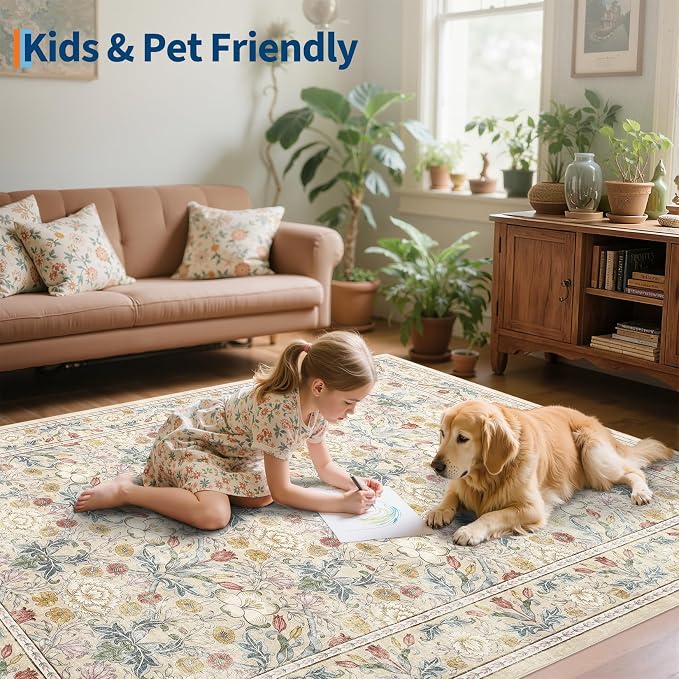 GarveeHome Washable Area Rug 6x9, Soft Vintage Floral Bedroom Rug Non Slip Low - Image 7