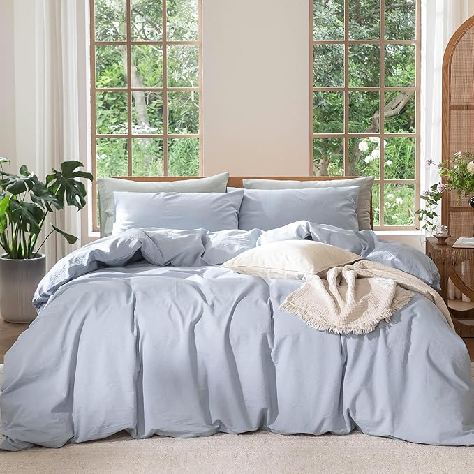 MooMee Bedding Duvet Cover Set 100% Washed Cotton Linen Like Textured Breathable Durable Soft Comfy (Heathered Cornflower Blue, Oversized Full 82"x86")