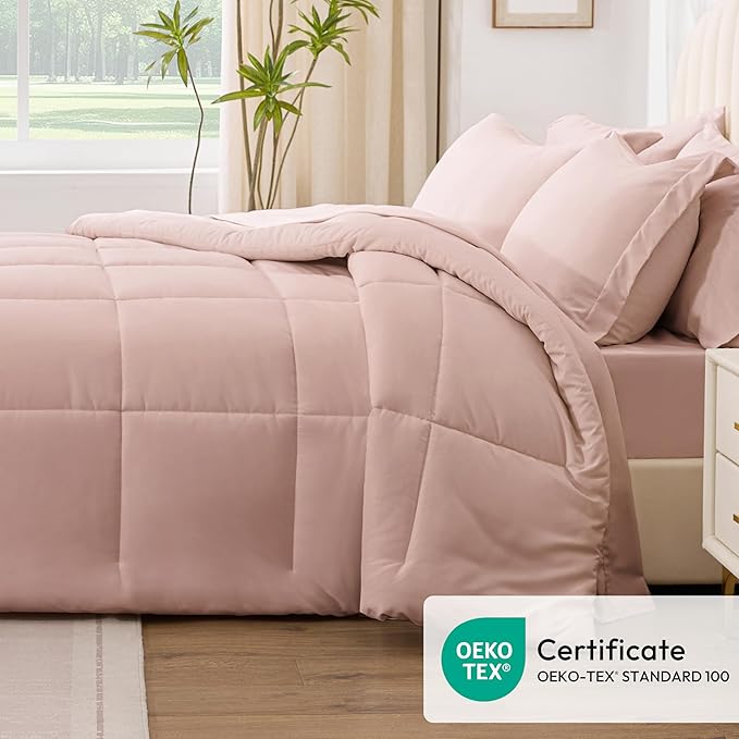 Love's cabin King Size Comforter Set Blush Pink, 7 Pieces King Bed in a Bag, All Season Bedding Sets with 1 Comforter, 1 Flat Sheet, 1 Fitted Sheet, 2 Pillowcase and 2 Pillow Sham