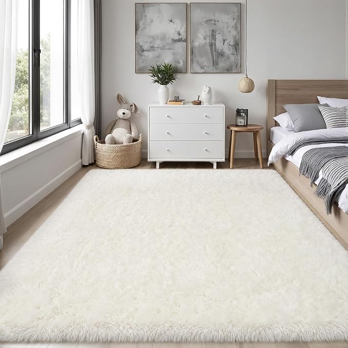 PLHXFR 6x9 Area Rugs Living Room: Fluffy Bedroom Rug Shag Carpet White | - Image 2