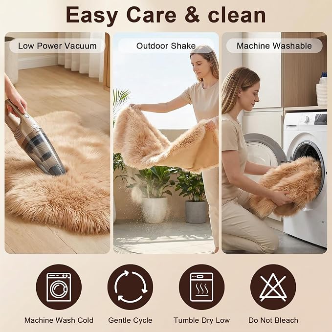duduta Beige Faux Sheepskin Rug 2x3 ft, Small Faux Fur Chair Covers | Shag - Image 4