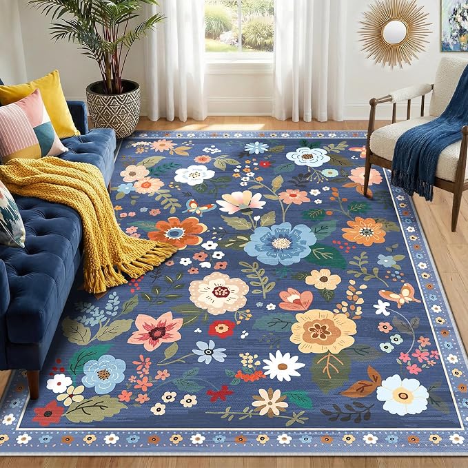 RELEANY Floral Washable 6x9 Area Rugs Blue/Grey | Flower Carpet Print Boho Cute - Image 7