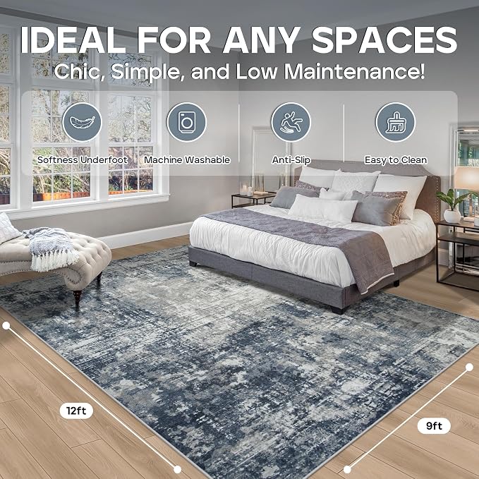 9x12 Area Rugs for Living Room Bedroom Dining Room Washable Blue Grey | Soft - Image 2
