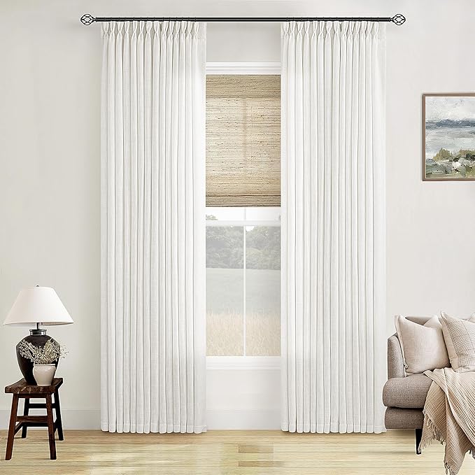 Beige White Pinch Pleated Linen Curtains 2 Panels 105 Inches Long | 400GSM - Image 6
