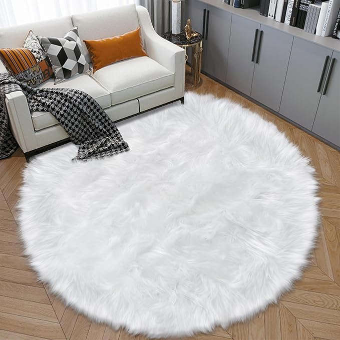 6ft Sheepskin Faux Fur White Round Rugs by TENNOLA