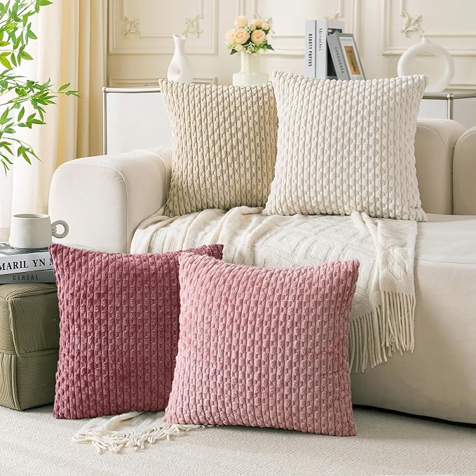 Set of 4 Pink Beige White Decorative Throw Pillow Covers 16x16 Inch Corduroy by Cozoomy