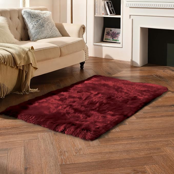 duduta Burgundy Faux Sheepskin Fur Rug 3x5 ft, Fluffy Carpet Rug | Shag Fuzzy - Image 5