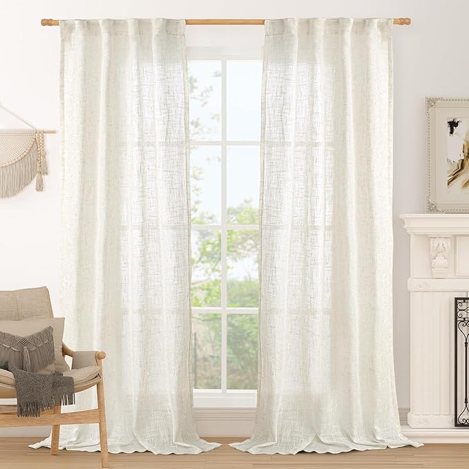 Cream Linen Curtains for Living Room 84 inch Length 2 Panels | Light Filtering by LAMIT
