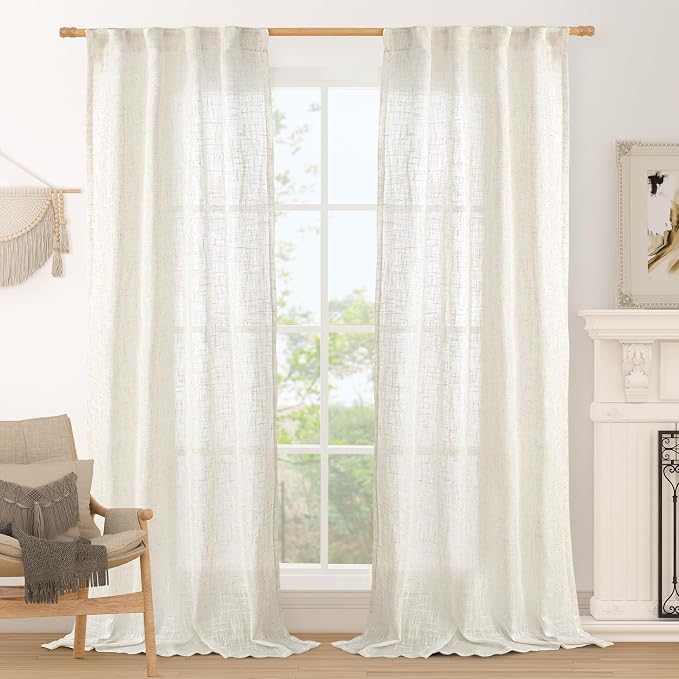 Cream Linen Boho Curtains 84 inch Length 2 Panels, Semi Sheer Panels | Light by LAMIT