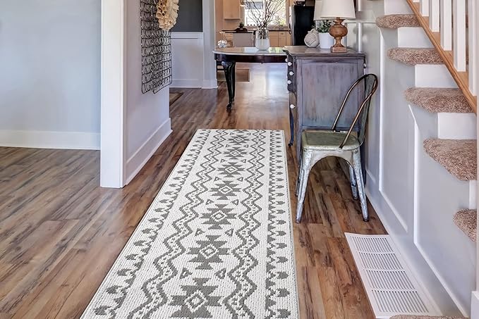 Custom Size Southwestern Style Runner Rug Mat for Wide Hallway Entryway Kitchen Laundry Room with Slip Resistant Latex Rubber Backing, Aztec Light Grey, 31 inch X 15 feet