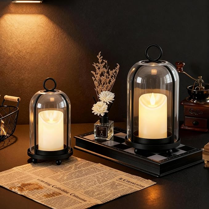 Glass Hurricane Candle Holder Decorative Gold Candle Lantern, Pillar Candlestick Holders Set of 2, Hanging Metal Holder Modern Table Centerpieces, Black