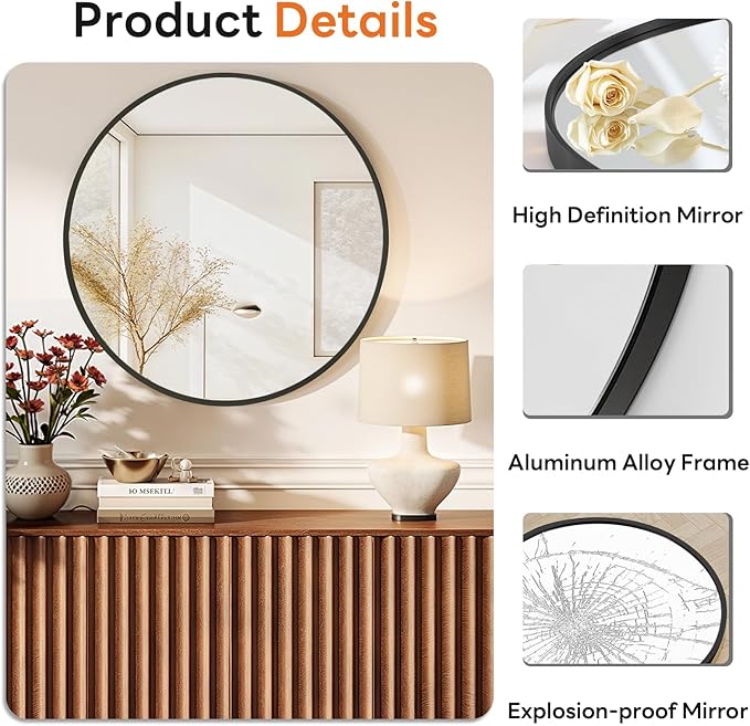 Sweetcrispy Round Bathroom Mirror 24 Inch Black Metal Framed Wall Mounted Circle Vanity Mirror for Bathroom, Bedroom, Living Room, Entryway, Anti-Rust, Modern Decorative, Hanging or Leaning