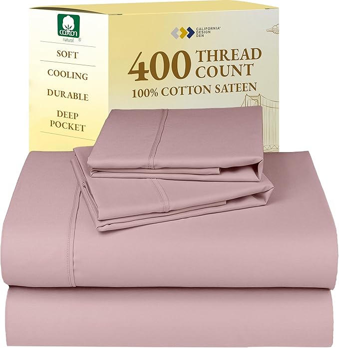 California Design Den Natural 100% Cotton Sheets King Size Deep Pocket Set - 400 Thread Count, Sateen King Sheet Set, All Around Elastic, Soft, Cool and Durable Bedding - Mauve