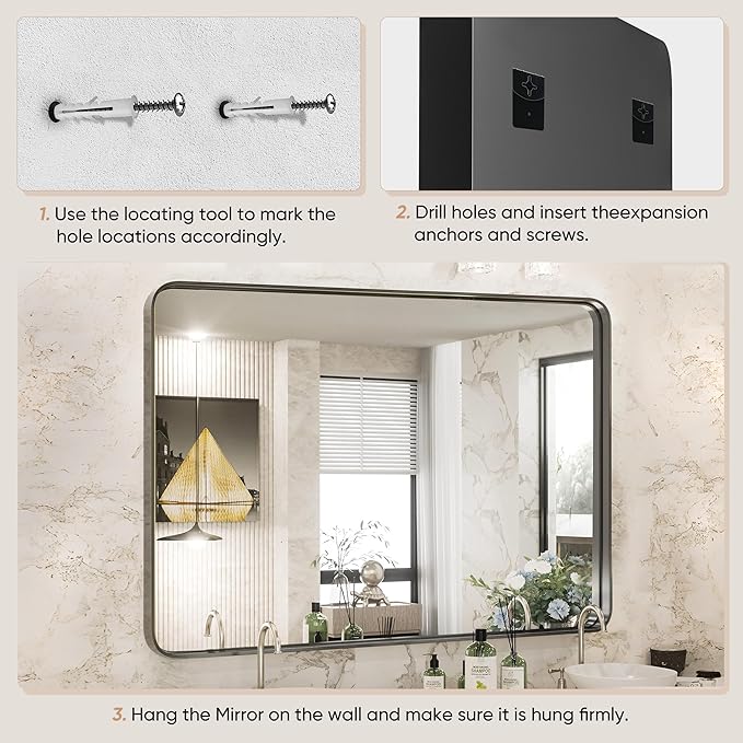 DUMOS Black Vanity Bathroom Mirror for Wall, Metal Framed Rounded Rectangular Modern Mirrors for Over Sink, 30x40 Inch for Farmhouse, Tempered Glass, Hangs Horizontally or Vertically