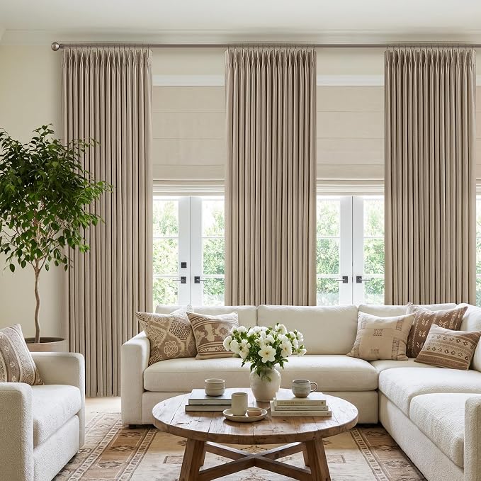 Linen Grey Beige Camel Pleated Light Filtering Curtains 120 Inch Long 50W | - Image 8