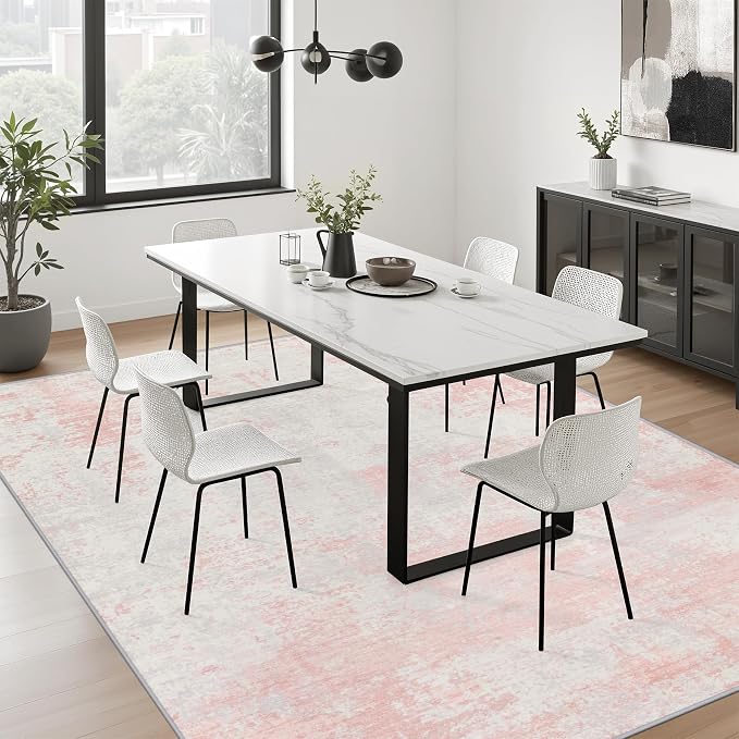 8x10 Area Rug Living Room: Modern Washable Soft Carpet Pink White | - Image 4