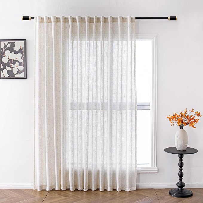 MYSKY HOME Linen Curtains for Living Room 1 Panel, Natural Semi Sheer Curtains - Image 2