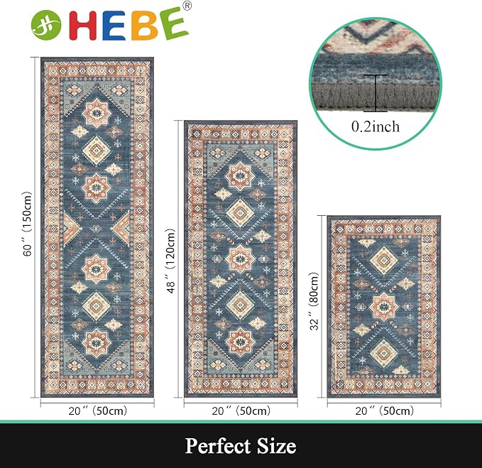 HEBE Boho Kitchen Rugs Set of 3, Non Slip Washable Kitchen Mats - Image 2