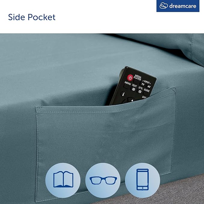 DREAMCARE King Size Sheets Set – 4 pcs Cooling Sheets – up to 21” Deep Pocket King Sheet Set – Hotel Luxury Sheets & Pillowcases – Superior Softness 100% Microfiber with Side Pocket - Mineral Blue